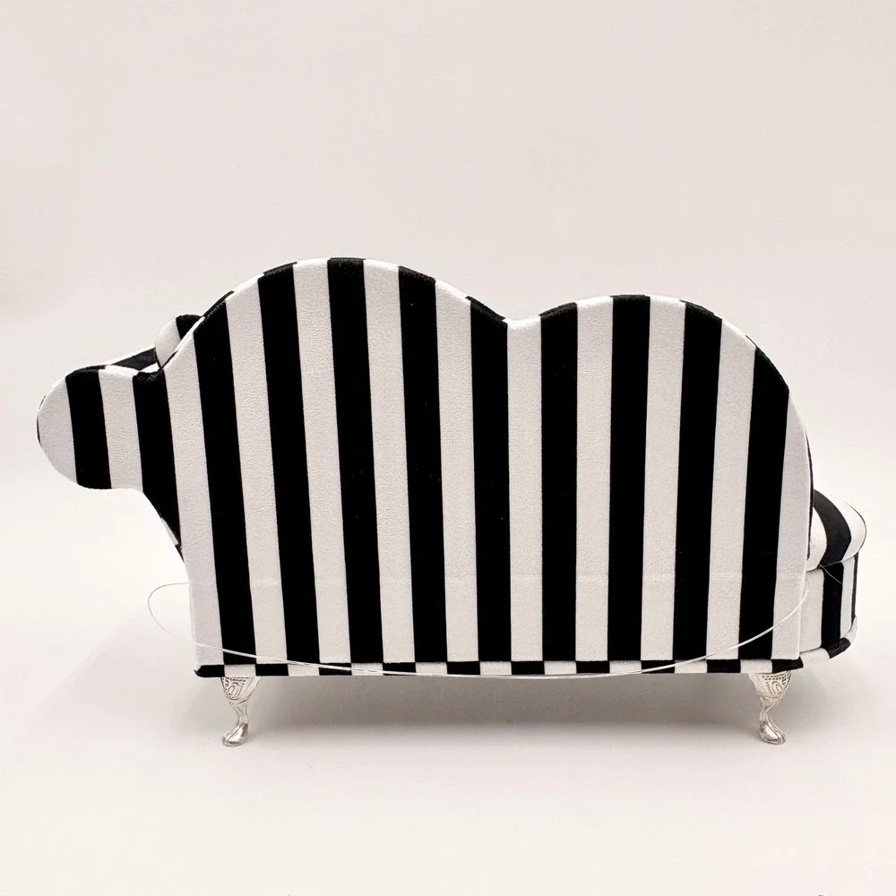 KOT Black White Striped Chaise Lounge Sofa Jewelry Box Mirror Ring Organizer